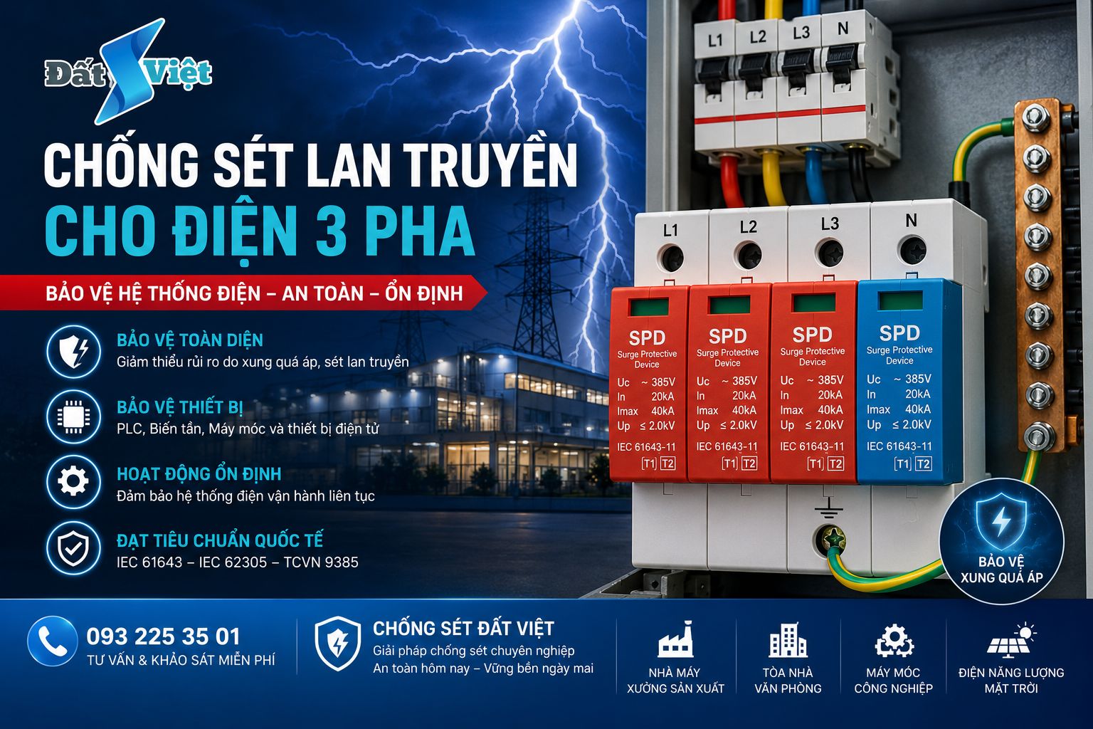Chống sét lan truyền cho điện 3 pha | Chống Sét Đất Việt