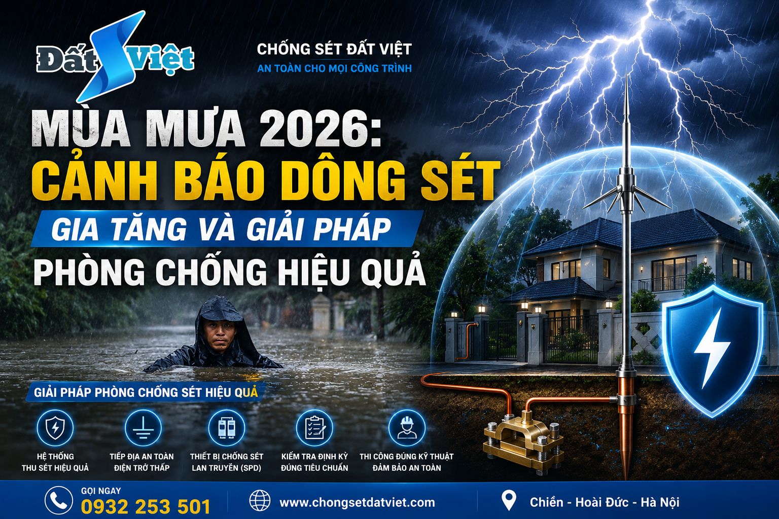 Hình ảnh mây dông và tia sét trong mùa mưa 2026, minh họa nguy cơ sét đánh ảnh hưởng đến nhà ở, công trình và hệ thống điện. Chủ động lắp đặt hệ thống chống sét giúp giảm thiểu rủi ro, bảo vệ con người và tài sản.